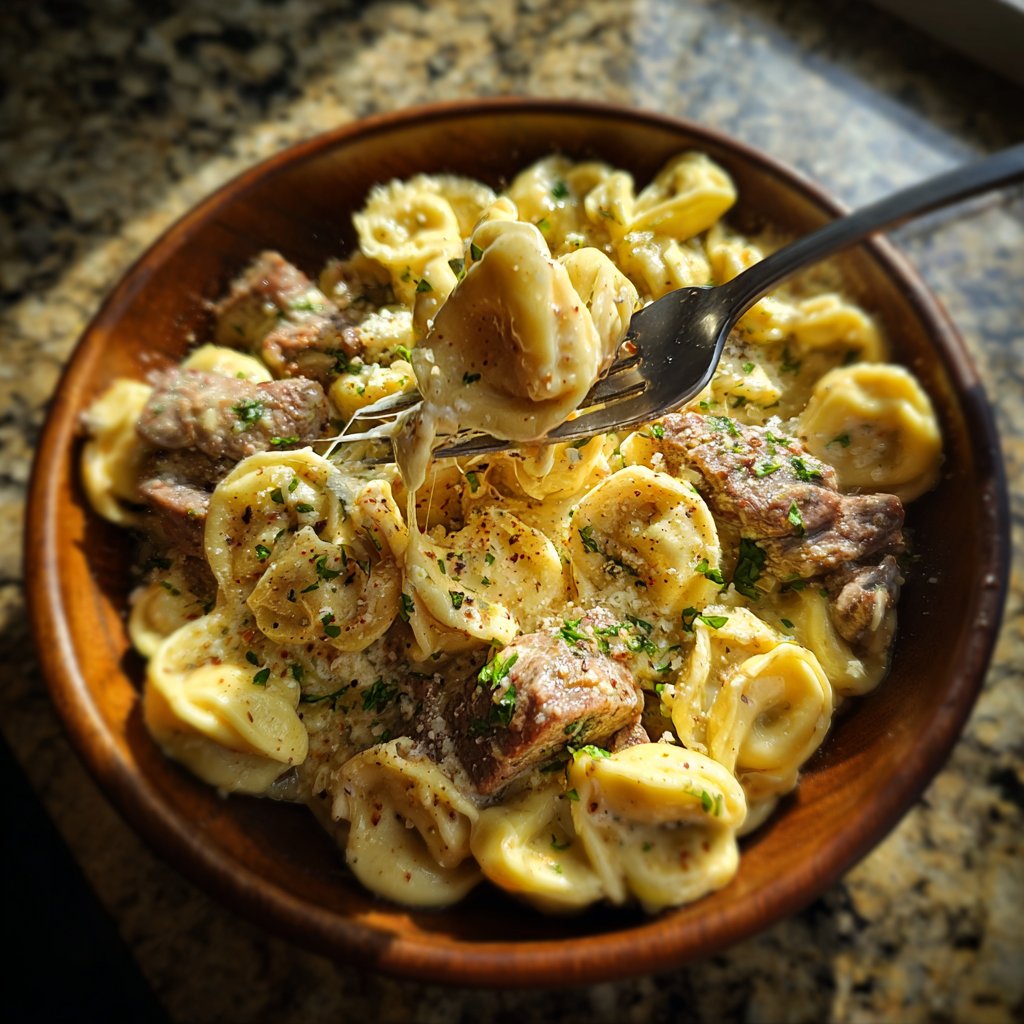 Garlic Steak Tortellini with Parmesan Cream Sauce